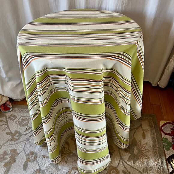 JCPenny Home Studio  retro stripped 69" round tablecloth green, orange, brown - Picture 1 of 8